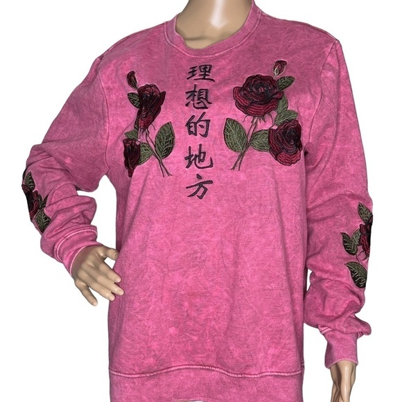 Blind Rooster sweatshirt pink tie-dyed with rose embroidered detail Large - Picture 1 of 7